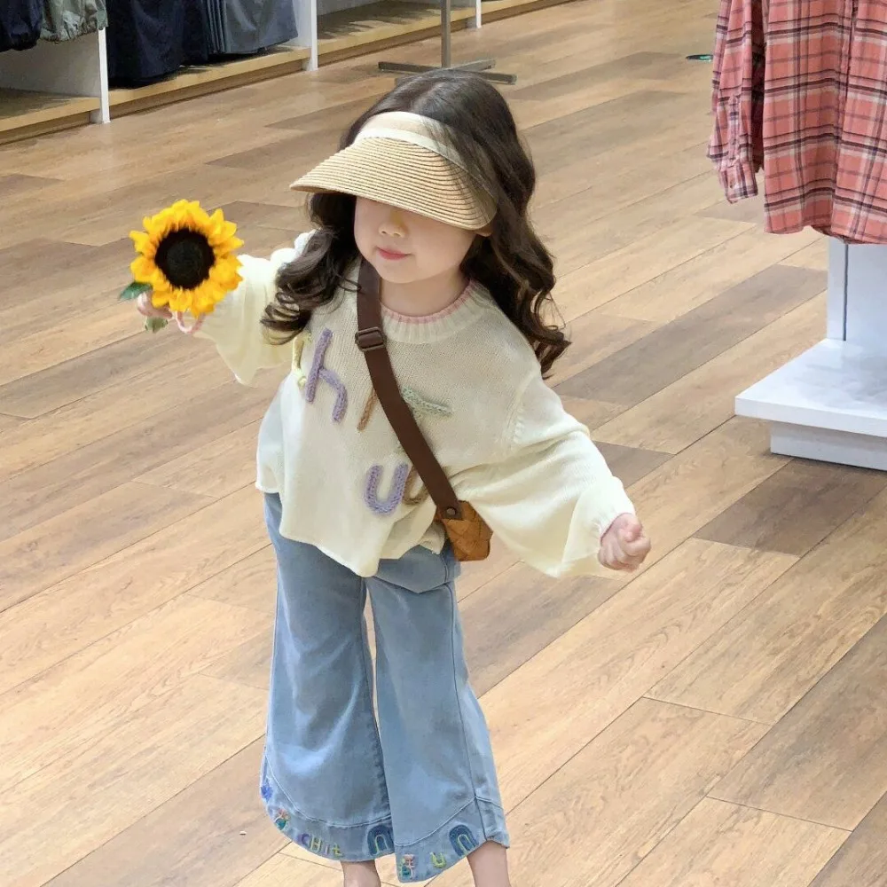 

Girls Set Korea Style 2024 Spring New Letter Knit Long Sleeve Jeans Flared Trousers Two Piece Baby Fashion Kids Spring Clothes