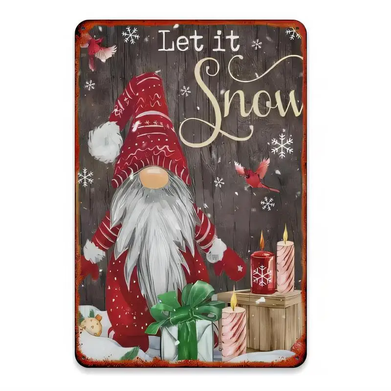 Vintage Metal Tin Sign, Christmas Gnome Let it Snow Wall Art - Retro Design with Snowflakes, Cardinals, Candles | Red/White Iron