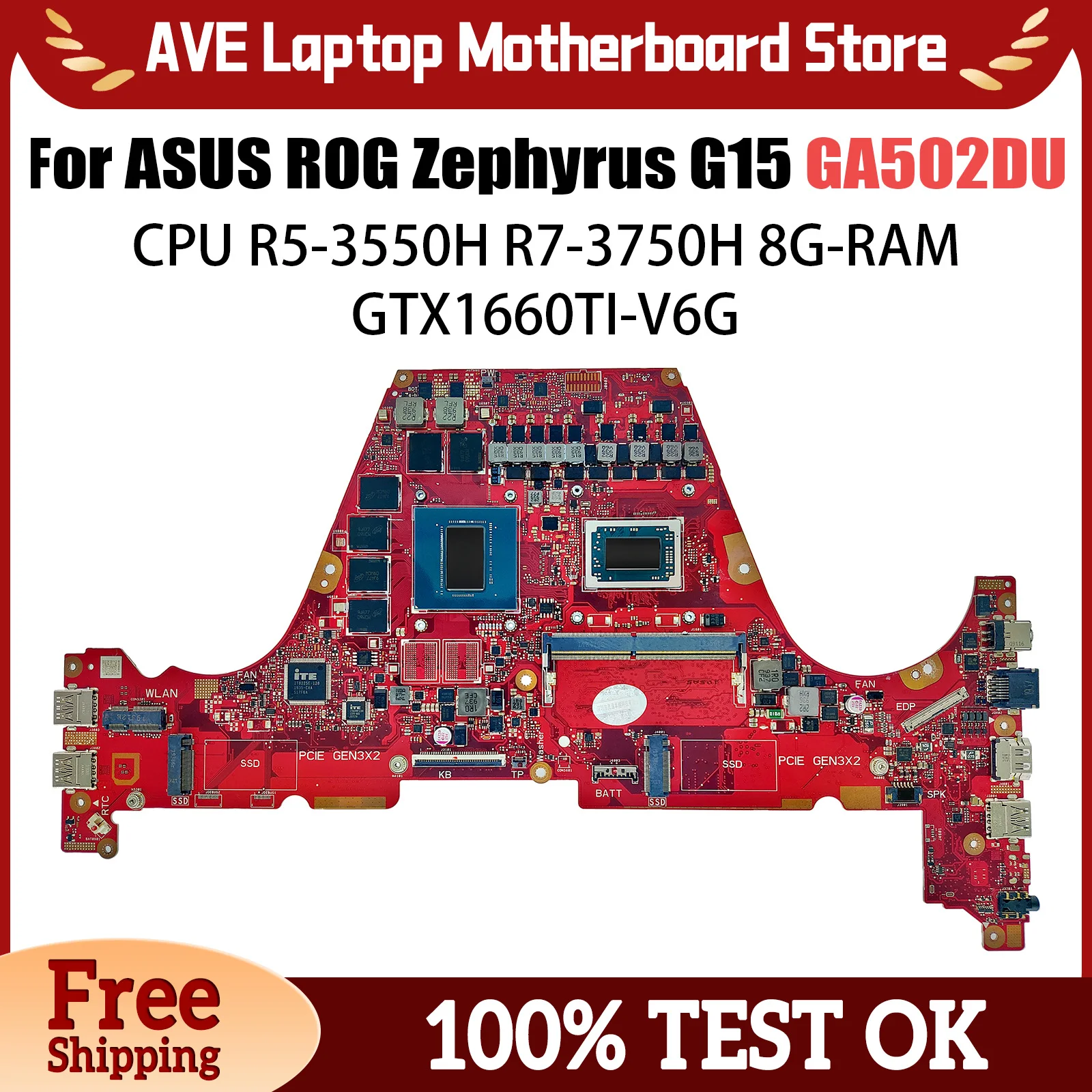 GA502DU Laptop Motherboard For ASUS ROG Zephyrus G15 GA502D Mainboard 8G RAM R5-3550H R7-3750H GTX1660TI-V6G OK TEST