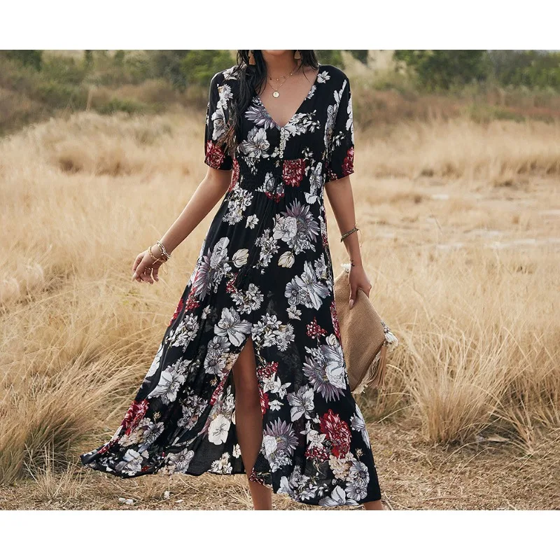 

Spring/Summer Sexy Print Waist Wrapped Fashion Split Women's Dress