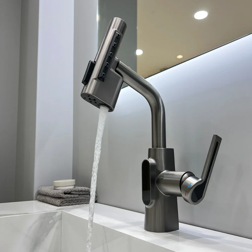 SKOWLL Single Handle Pull Down Bathroom Sink Faucet with 2 Spray Modes, Rotatable Extendable Lavatory Vanity Mixer Tap