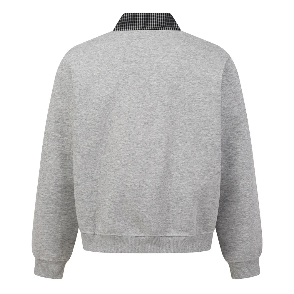 MWJLPWQ Fake Two-Piece Patchwork Plaid Sweatshirt Turn-Down Collar For Men Trendy Irregular Collar Unique Loose-Fit Tops 21005