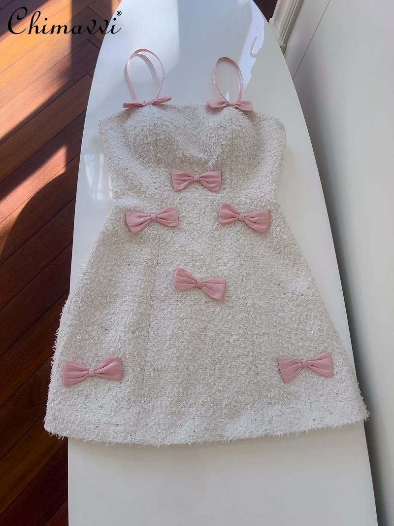 

French Style Fashion Bowknot Strap White Tube Top Dress Heavy Sweet Slim Fit Elegant Birthday Party Elegant Vacation Dresses