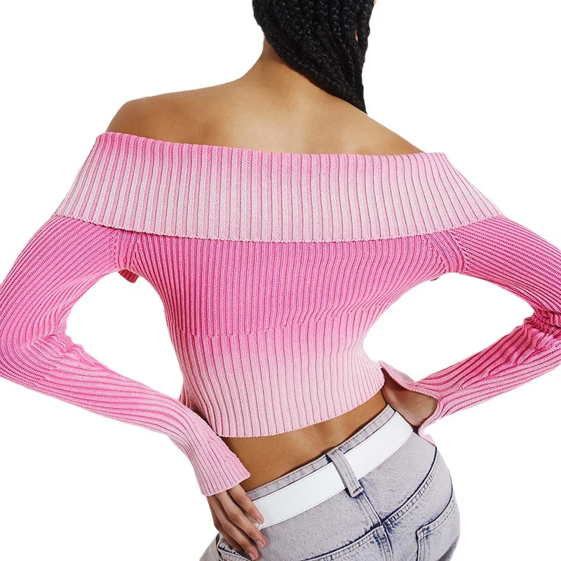 2025 New Fashion Women's Lapel Crop Tops Y2K Spring Autumn Off Shoulder Long Sleeve Gradient Slim T-Shirts Ribbed Tees Sexy Club