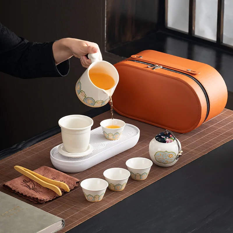 Kung Fu Tea Pot Set Ceramic Portable Tea Infuser Cup Camping Brewing Kit Teaware Storage Bag Home Organizer Kitchen Accessory