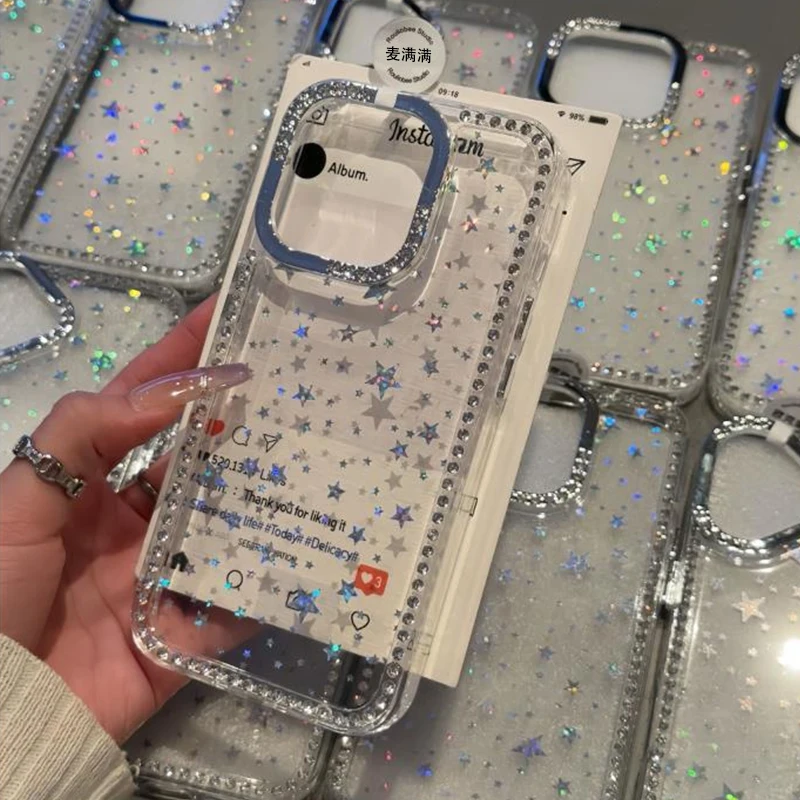 

Ins for iPhone 16 Pro Phone Case Japanese Korean Cute Full Screen Star Sparkling Diamond New 15 16 Pro Max Popular 15 plus Clear