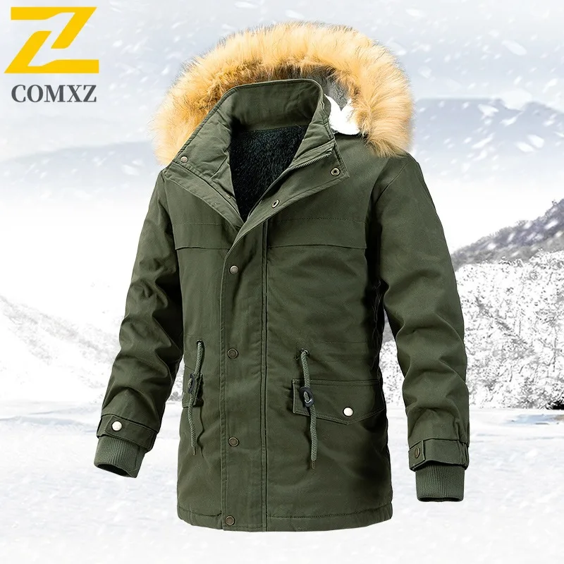 CoMXZ Jaqueta masculina de algodão forrada de lã espessada plus size inverno casual ao ar livre casaco quente de comprimento médio corta-vento leve