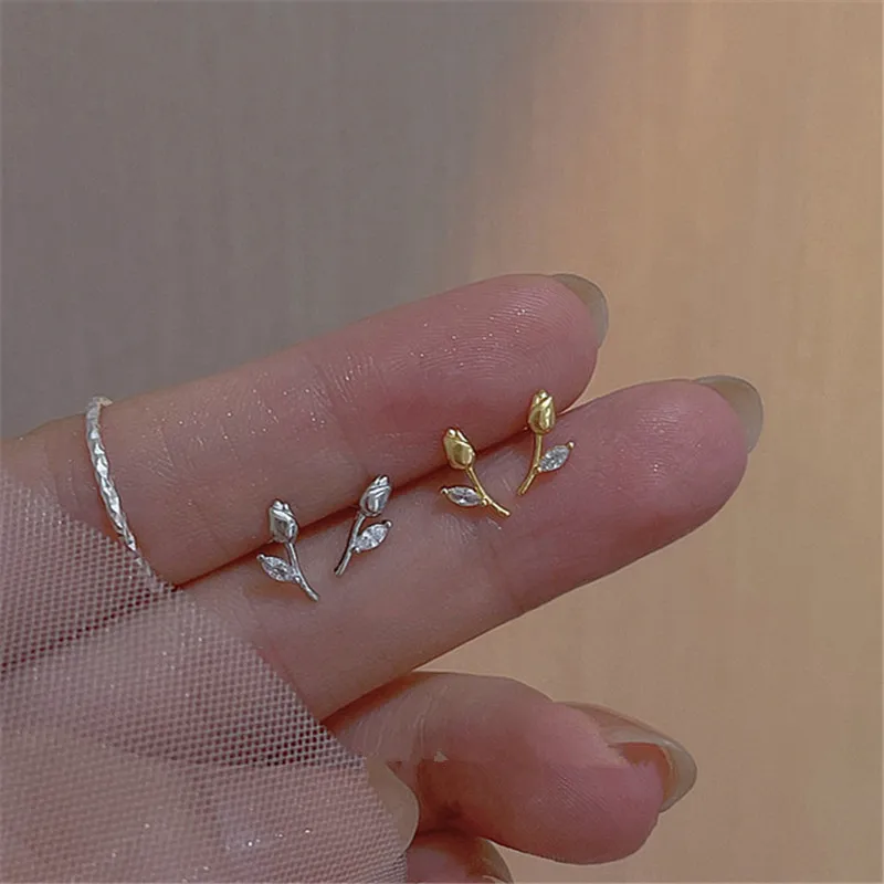 

925 Silver Plated Crystal Tulips Stud Earring For Women Girls Party Wedding Jewelry Gifts e533
