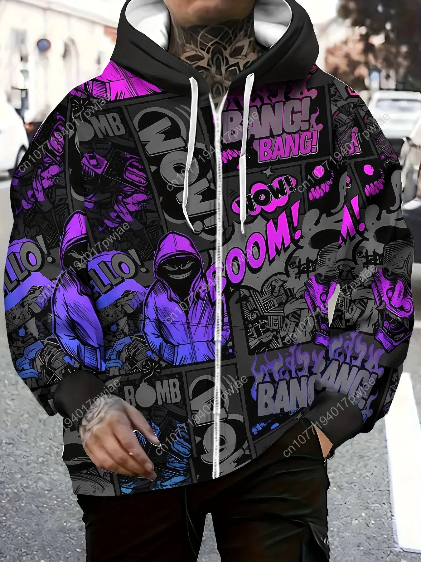 Felpa con cappuccio zip con stampa geometrica da uomo - Giacca streetwear a maniche lunghe con cappuccio e tasche con coulisse, viola vibrante e nero Art D