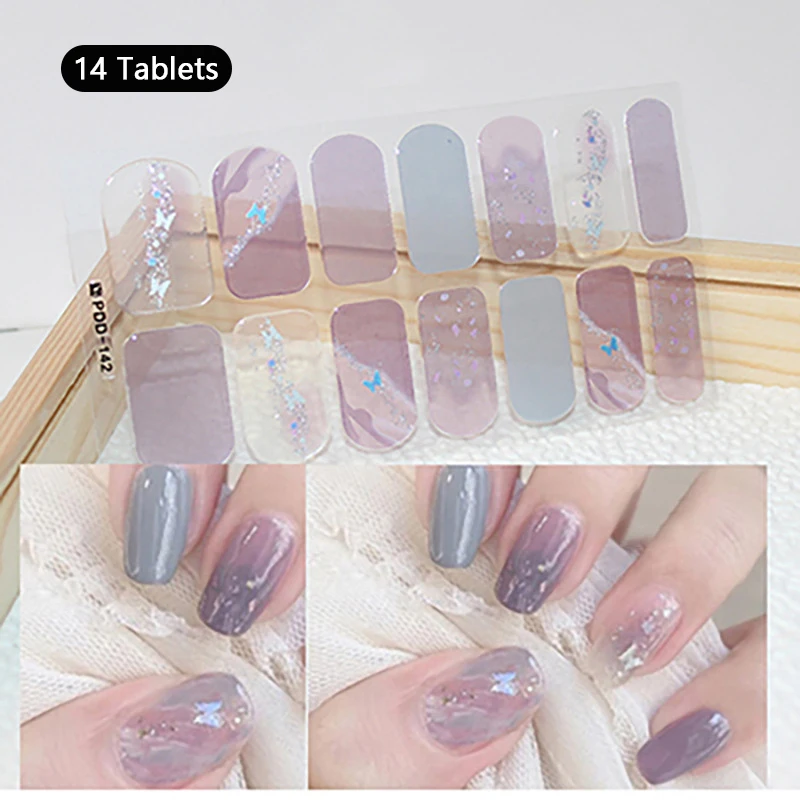 14 Strips Baking-free Nail Stickers Long-Lasting French Style Fresh Flowers In Summer Solid Color Patch Slider Full Cover Decals