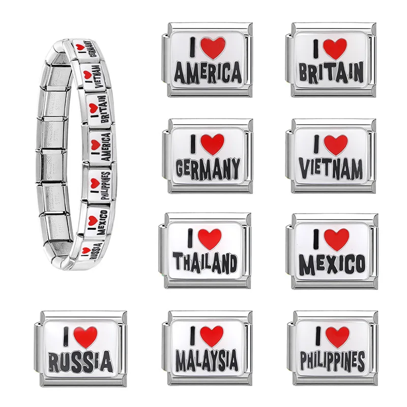 WG 1pc 9 Style Country Name Italy Modular Bracelet Jewelry Accessories For DIY Personalized Country Modular Ring Necklace Gift