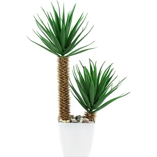 Çiçekmisin White Plastic Tubs with Two Branches Artificial Cactus Aloevera