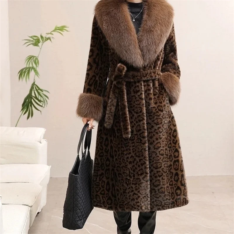 Inverno longo casaco de pele do falso moda feminina luxo leopardo impressão pele outwear temperamento feminino engrossar para cor de pele jaqueta de vison