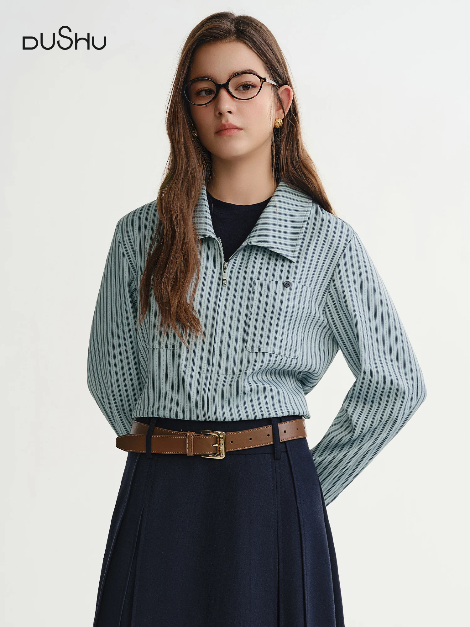 

DUSHU Фальшивая футболка из двух предметов, полосатая рубашка, зима 2021, новые товары, классическая одежда для отдыха, простая шикарная уличная одежда, офисная женская одежда BF