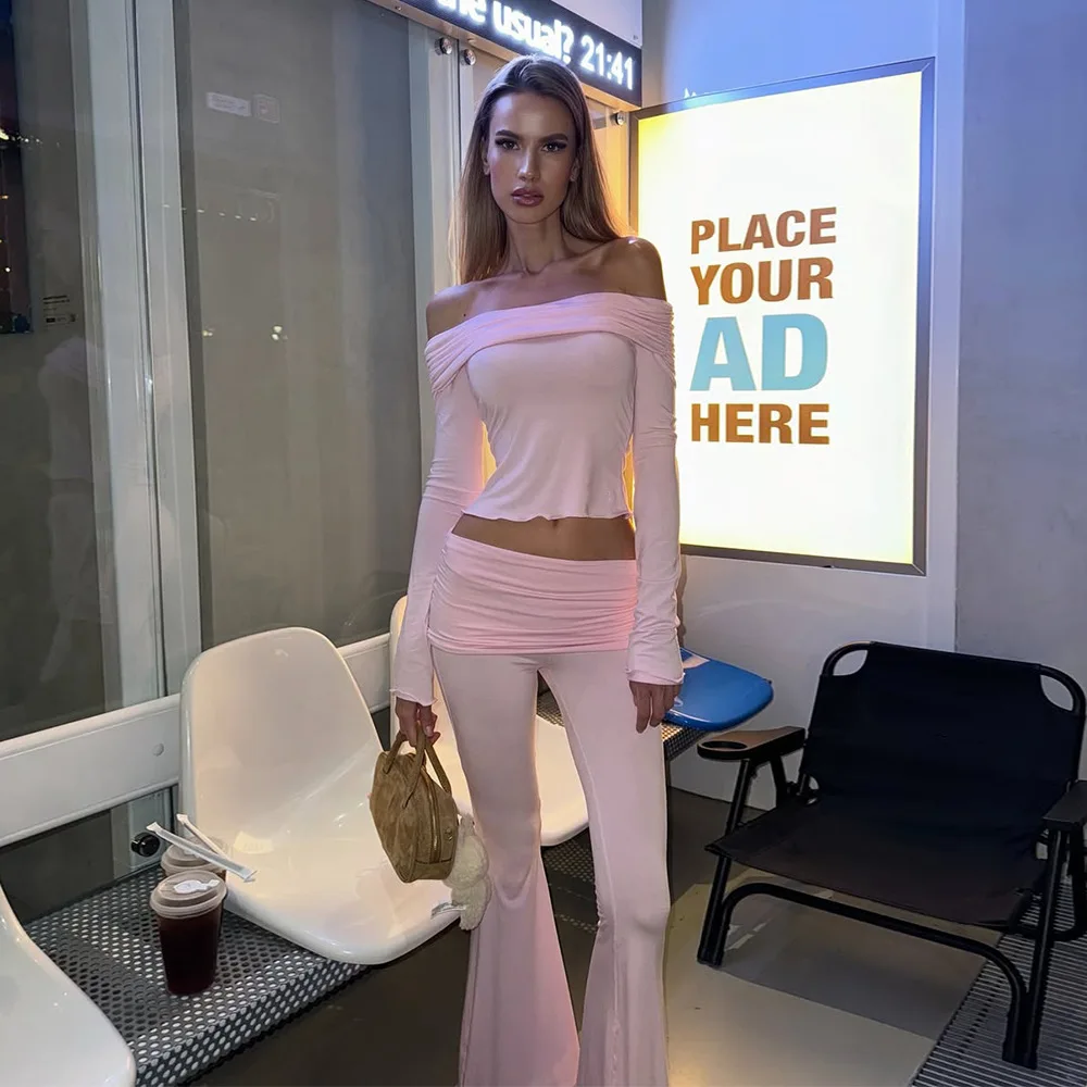 

Apprabant Fold Over Flare Pants 2 Piece Set Women's Off Shoulder Crop Long Sleeve Top Solid Slim Casual Outfit Streetwear Outfit