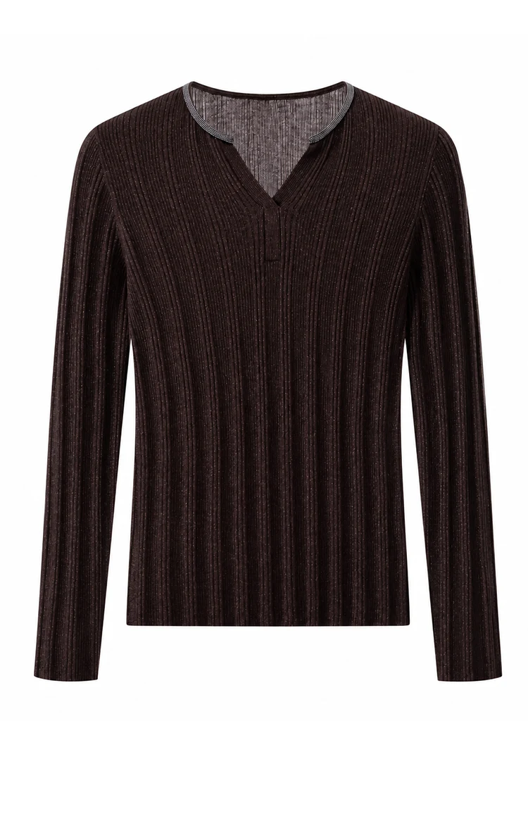 BD3621694 Damen-Pullover mit V-Ausschnitt, figurbetont, aus Naturwollmischung, fein gerippt, langärmelig, mit Metallbesatz, Frühherbst 2026 – Detail 15