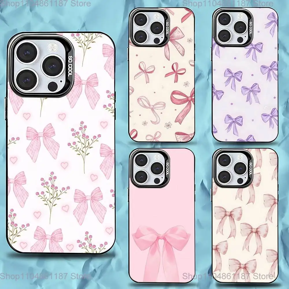 

Korean Cute Pink Bow Phone Case For iPhone 16,15,14,13,12,11,Pro,Max,Plus,Mini,XS,SE Anti Fall Black Matte Hard Bumper