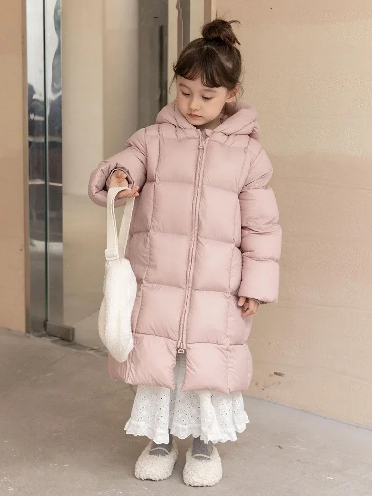 

Children's Down Jacket Mid-Length Boys Girls 90% White Duck Down Warm Coat Kids Hooded Shiny Snowsuit Pink Black TR301