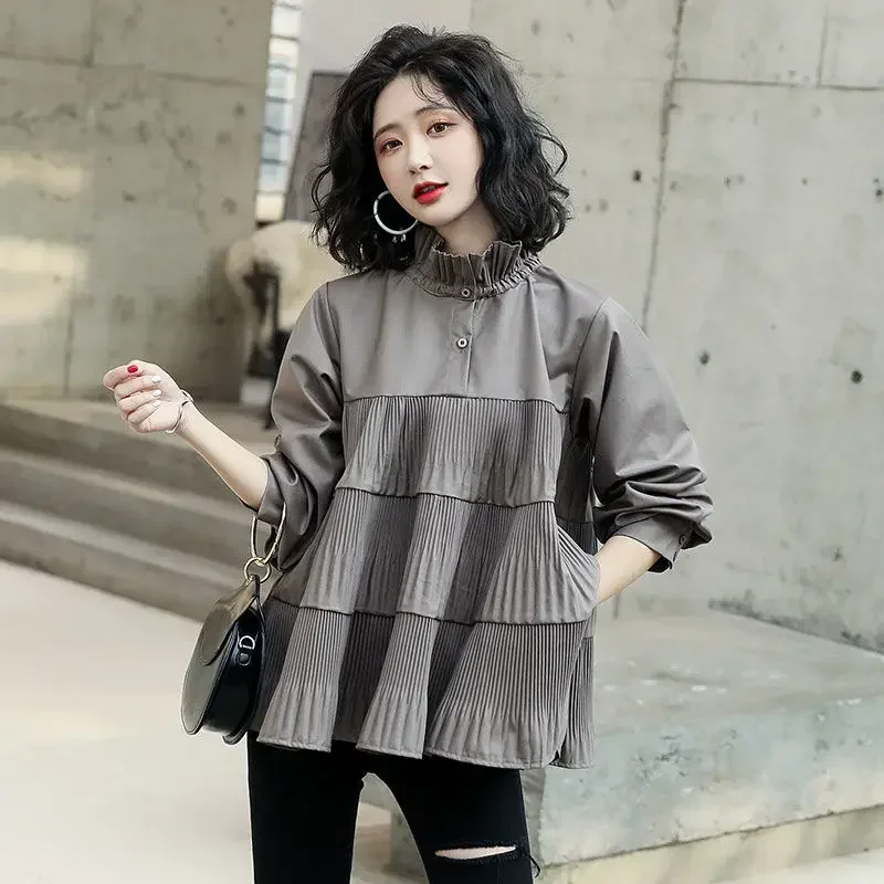Women Blouse 2022 New Fashion Korean Summer Autumn Spring Casual  Solid  Puff Sleeve  Acetate Folds Chiffon Full Casual Shirts