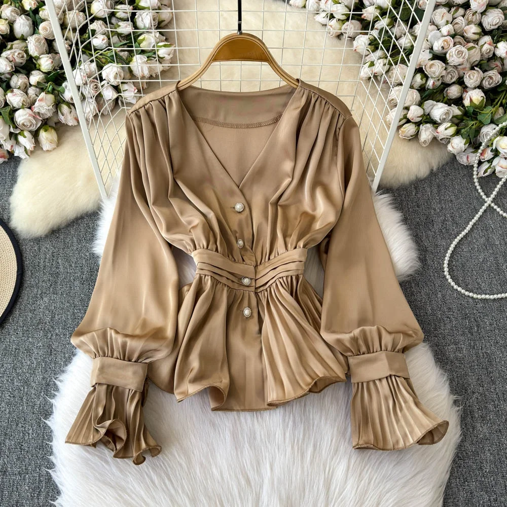

Clothland Women Elegant Solid Blouse V Neck Flare Sleeve Candy Color Shirt Female Cute Casual Chic Tops Mujer LB330