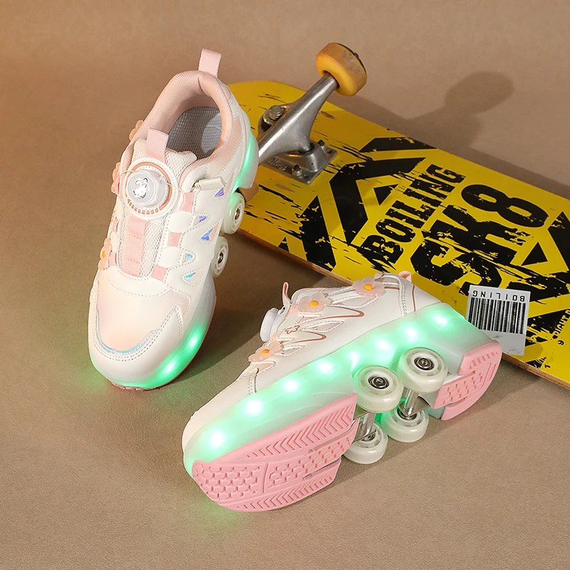 Children Roller Shoes With 4 Wheels Casual Outdoor Walking LED Lights Semi Professional Youth Deformation Parkour Skate Shoes