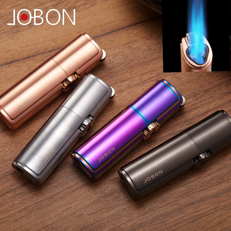 Jobon-Cigar Three Flame Safety Lock Fire Turbo Lighter Torch, Grinding Wheel, Flint Lighter, No Butane Gas, Big Fire, Cool