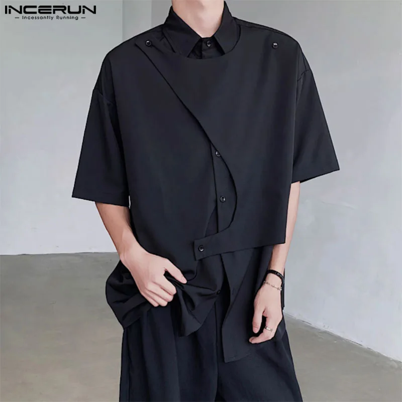 INCERUN Men Irregular Shirts Solid Color Lapel Short Sleeve 2024 Casual Men Clothing Streetwear Summer Fashion Male Shirts S-3XL