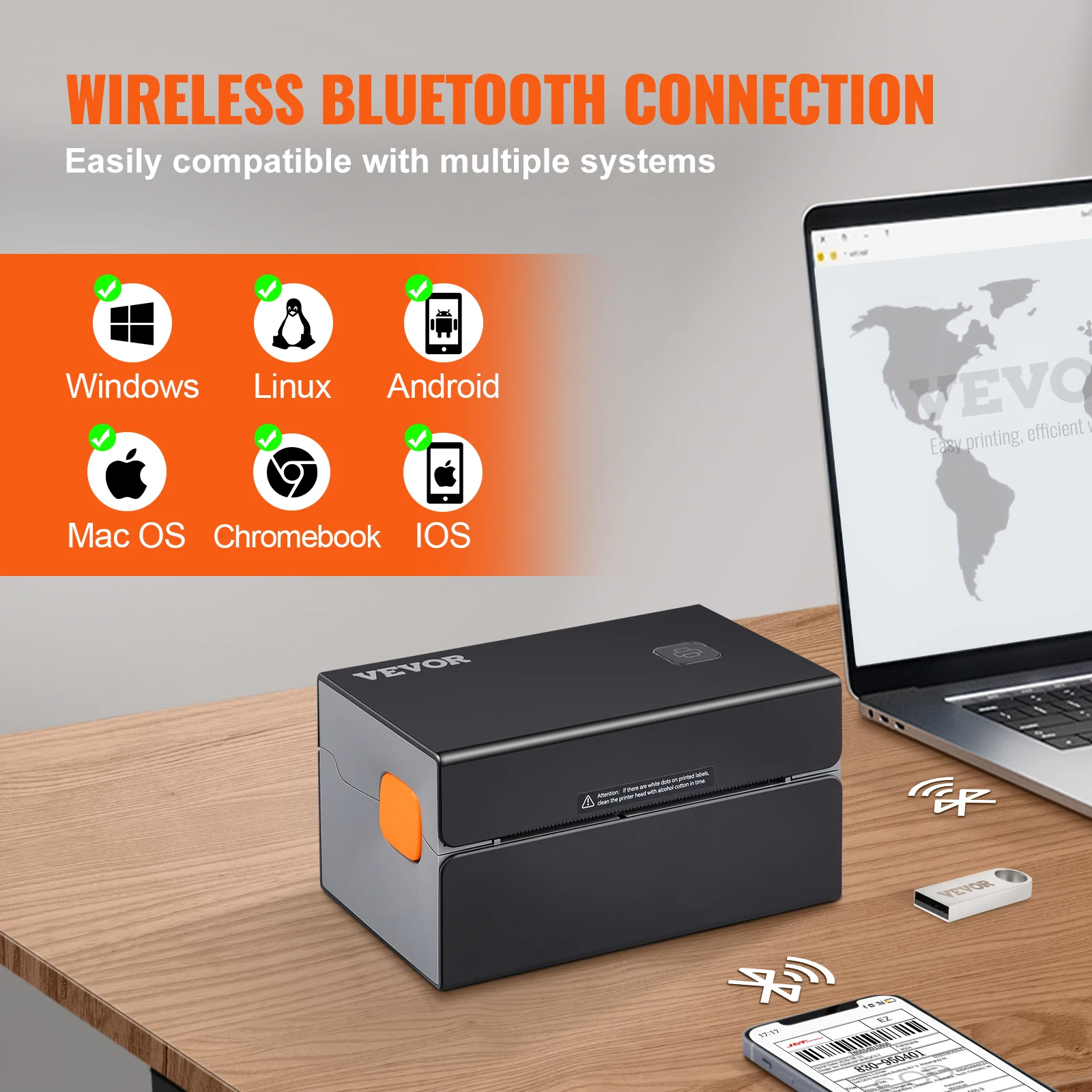 VEVOR Pencetak Label Pengiriman Printer Label Thermal Bluetooth dengan Pengenalan Label Otomatis Mendukung Windows/MacOS/Linux/Chromebook