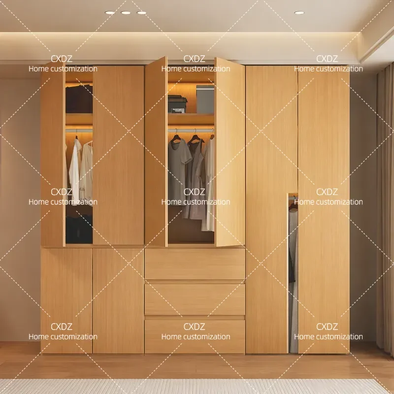 FAS Grade Oak Solid Wood Wardrobe Simple Assembly Bedroom Cabinet Economical Hanging Clothes Storage for Small Apartment