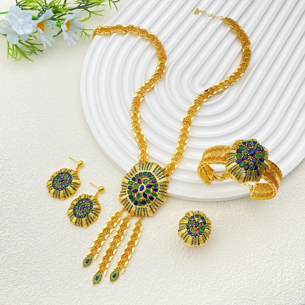 

Flora-Luxury Zircon Gold Plated Copper Bangle Earrings for Women Dubai Wedding Jewelry Set 4-Piece Set