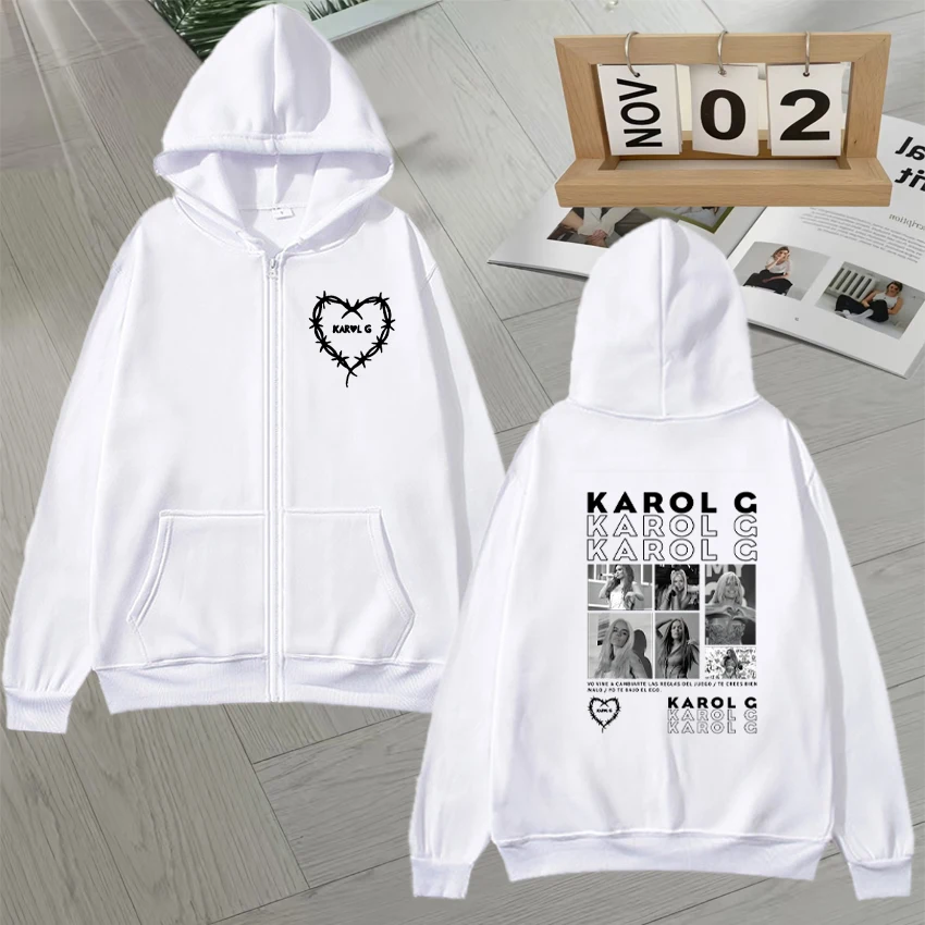 Hot sale Fashion KAROL G Music Album Double Sided Print Zip Up Hoodies Unisex Long sleeve Autumn Winter Men Women Zipper Coats