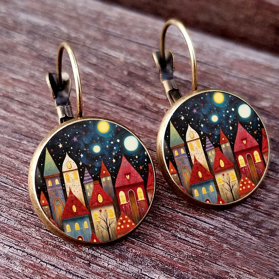 Dream castle Earrings Women Stud Earring Abstract Starlight House Oil Painting Earrings Glass Cabochon Womens Earrings jewelry