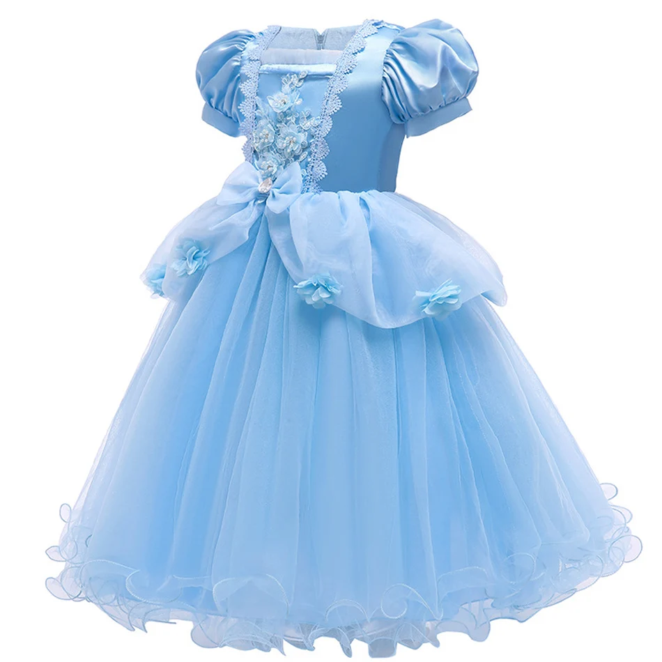 Girl Blue Princess Dress Cinderella Cosplay Costume Children Flower Decoration Puff Sleeve Mesh Gown Fancy Birthday Party Dress