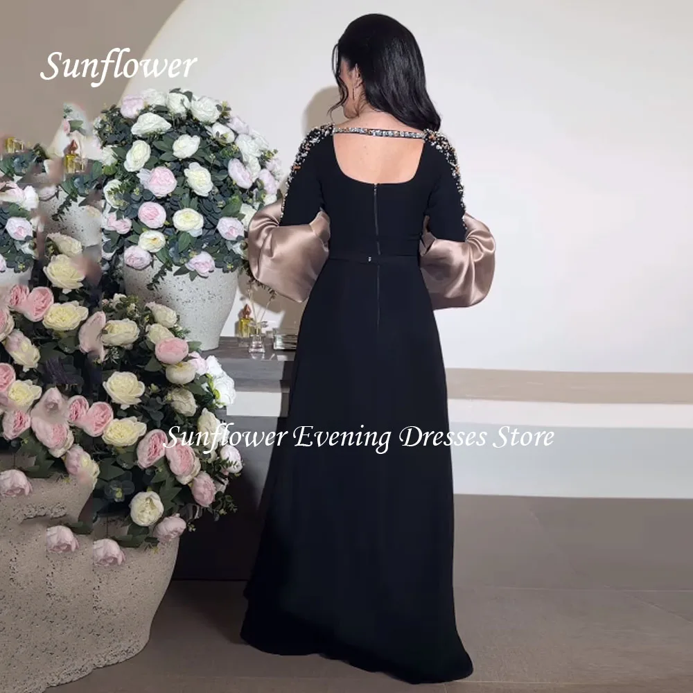 Sunflower Black Beading O-Neck Crepe Mermaid Evening Dress Saudi Arabia 2024 Slim Satin Long Sleeve Floor-Length Prom Dress