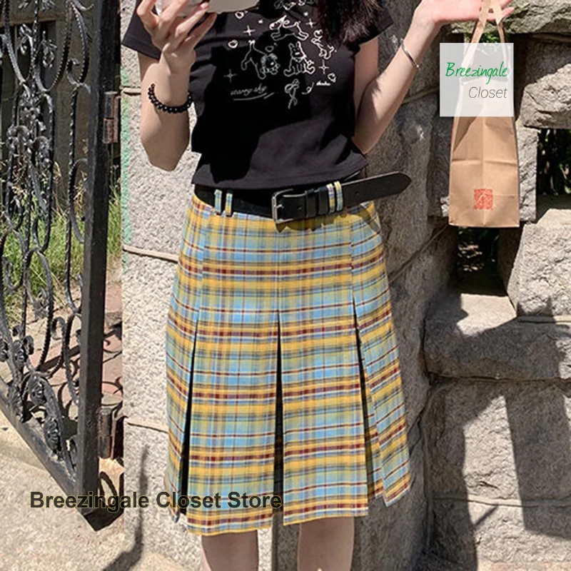 Korean blue and yellow plaid A-word skirt women's spring and autumn skirt sweet retro fashion temperament high waist slim skirt