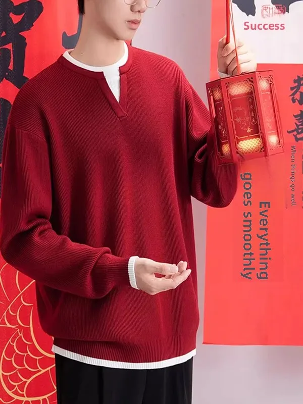 

Red New Year Year Men's Knitted Sweater Inner Wear Casual Sle Long Sve round Ne Warmth Suitable for Daily Wear