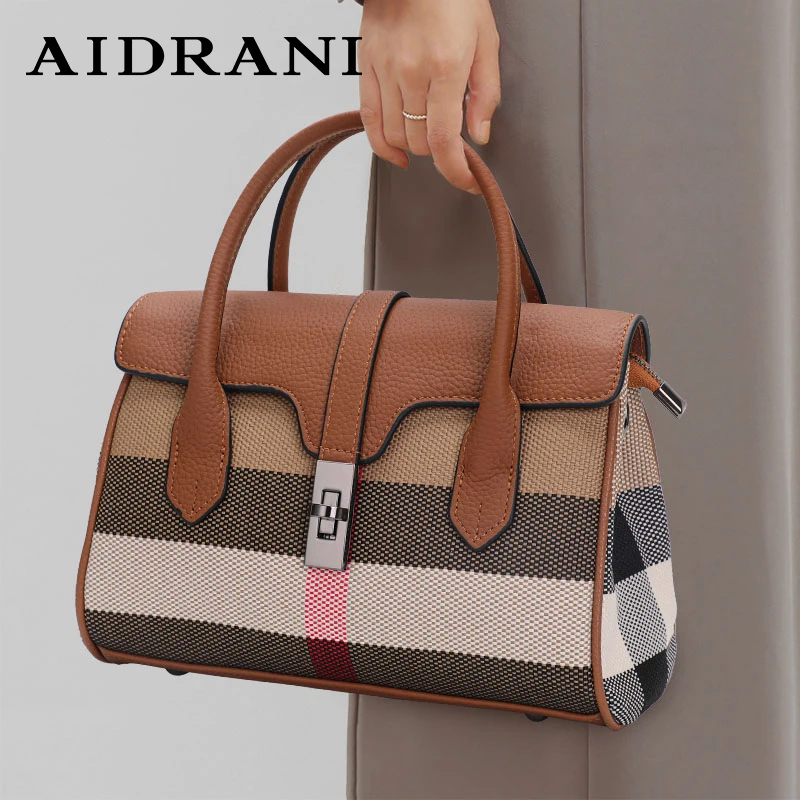 Aidrani  Classic plaid women's bag, large capacity handbag, canvas patchwork cowhide shoulder bag