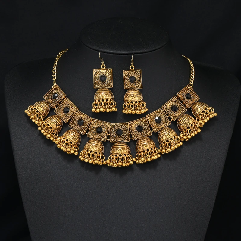 Afghanische Vintage Tribal Gold Farbe Aussage Kragen Halsreif indische Halskette Ohrring setzt geometrische Glocke Quaste Münz ketten