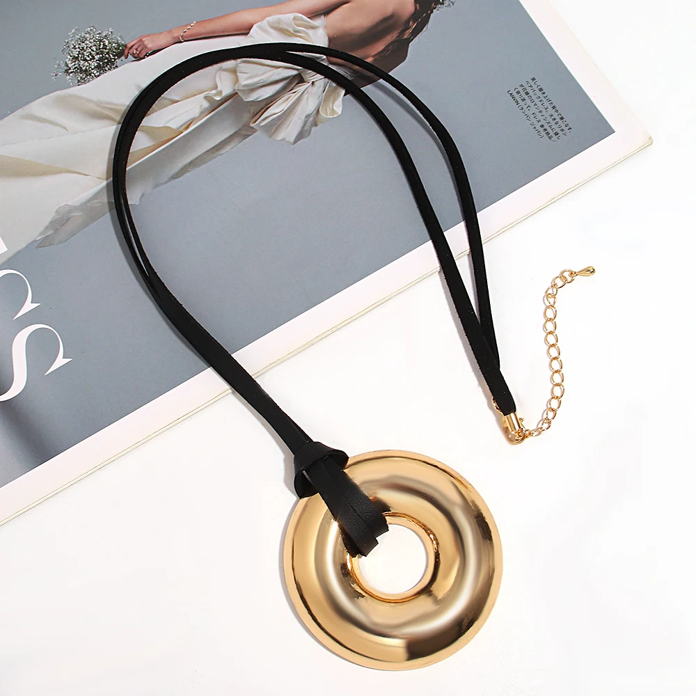 

Amorcome Simple Smooth Hollow Out Round Pendant Necklace for Women Men Trendy Adjustable Black Leather Rope Chain Necklace Gift