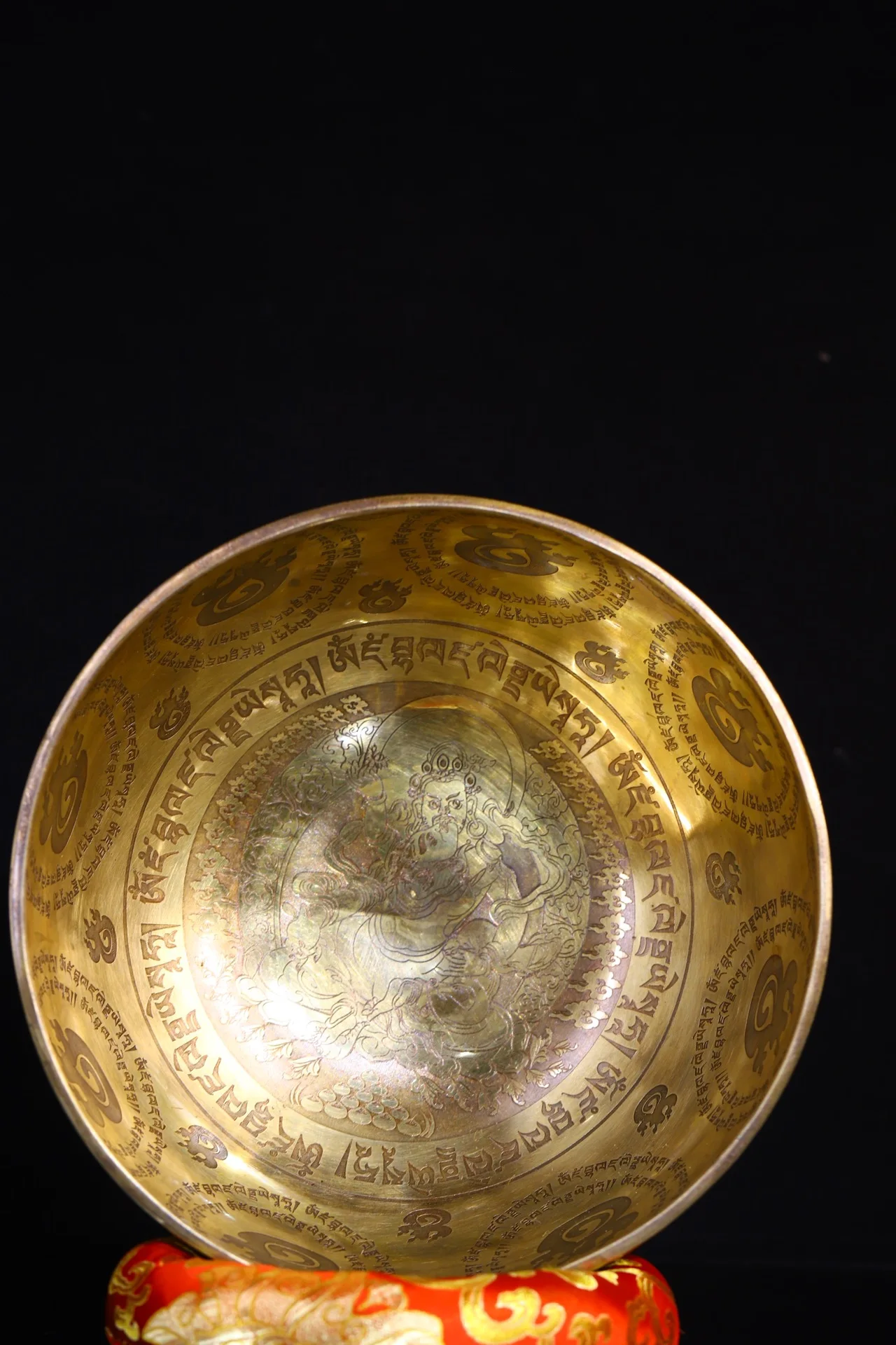 

9"Tibetan Temple Collection Old Bronze Gilded Sanskrit Yellow Jambhala Happy Buddha prayer bowl Buddha sound bowl Amulet Dharma