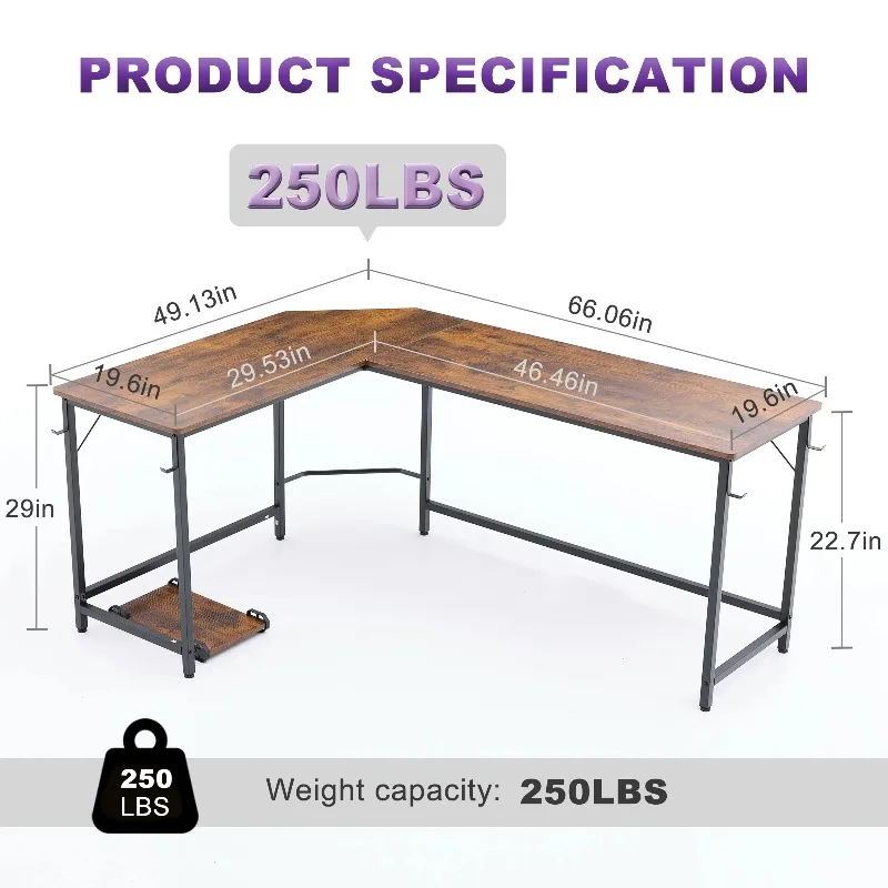66 Inch L ShapedCorner Computer Desk Larger Gaming Office Table with Iron Hook CPU Stand for Home Study Writing Work Station