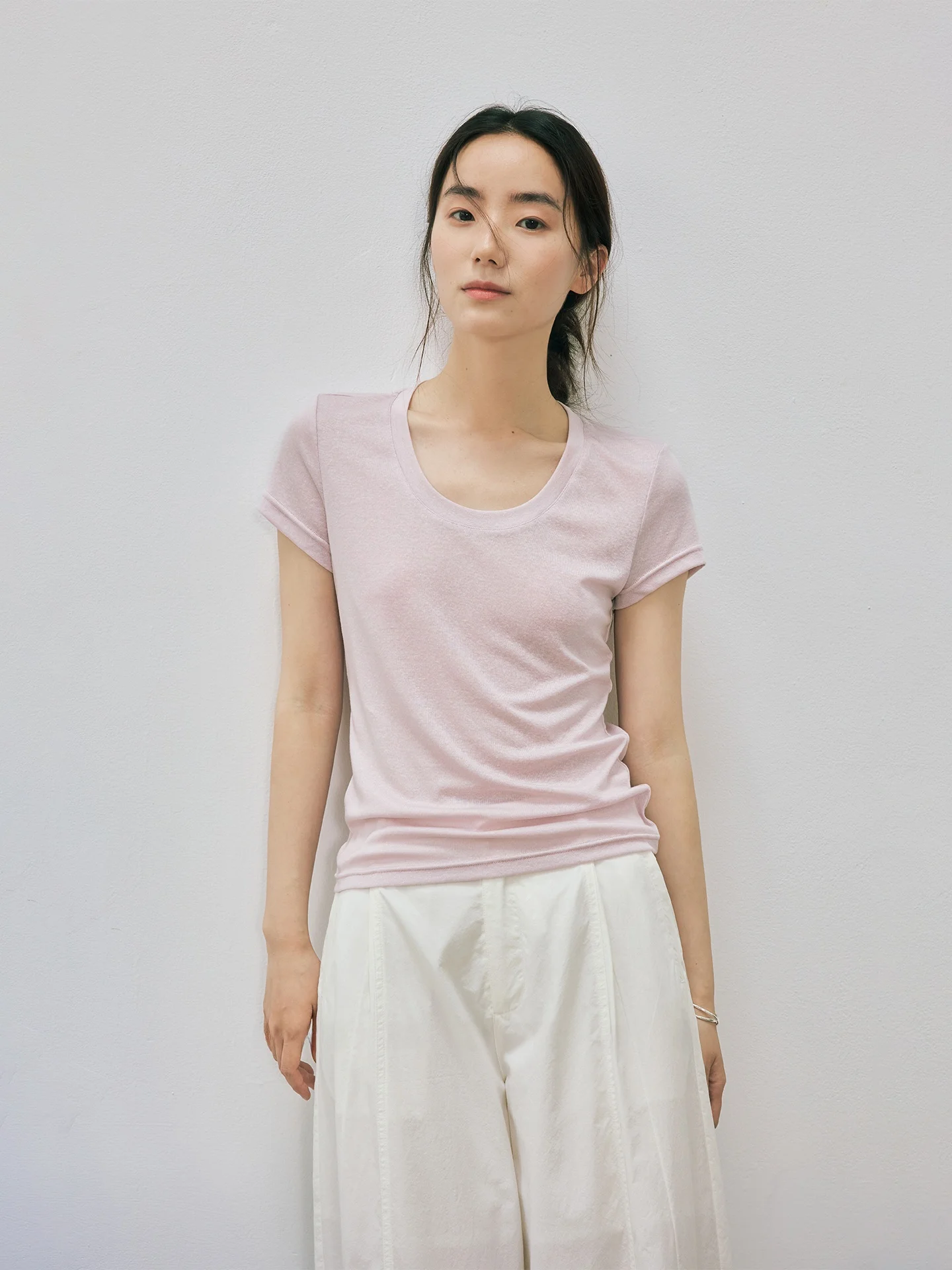 Nomumad Silk Linen Cool Feeling Skin-friendly U-neck Short Sleeve Slim Fit T-shirt Pink Purple Commute Style Ladies T-shirt