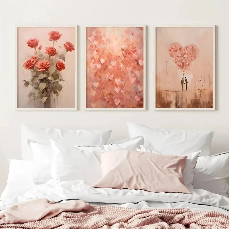 

3pcs/Set Modern Romantic Valentine's Day Canvas Art Printing Red Pink Roses Pastel Heartshaped Home Room Decoration Love-themed