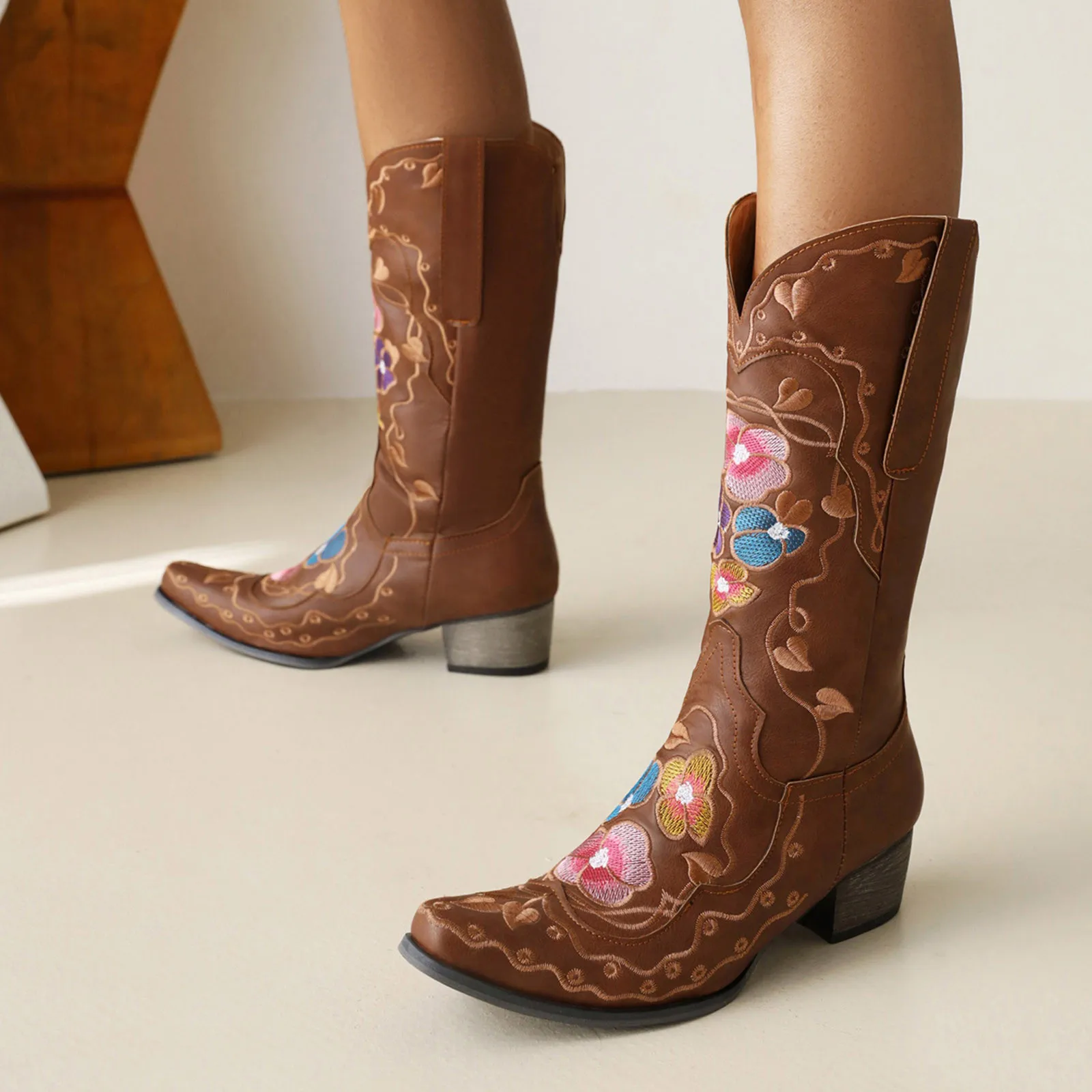 

Retro Embroidery Round Booties High Shoes Middle Flowers Women Heels SlipOn Toe women's boots