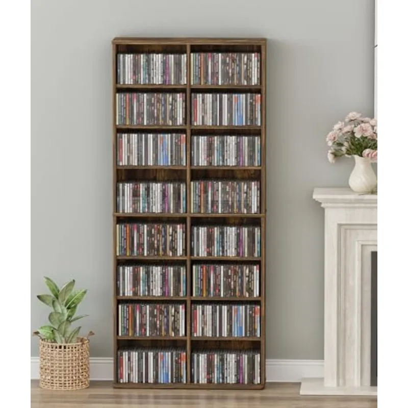 DVD Storage Tower, 16 Shelf Multimedia Storage Tower with Adjustable Shelves 8-Tier CD Cabinet for Living Room Home