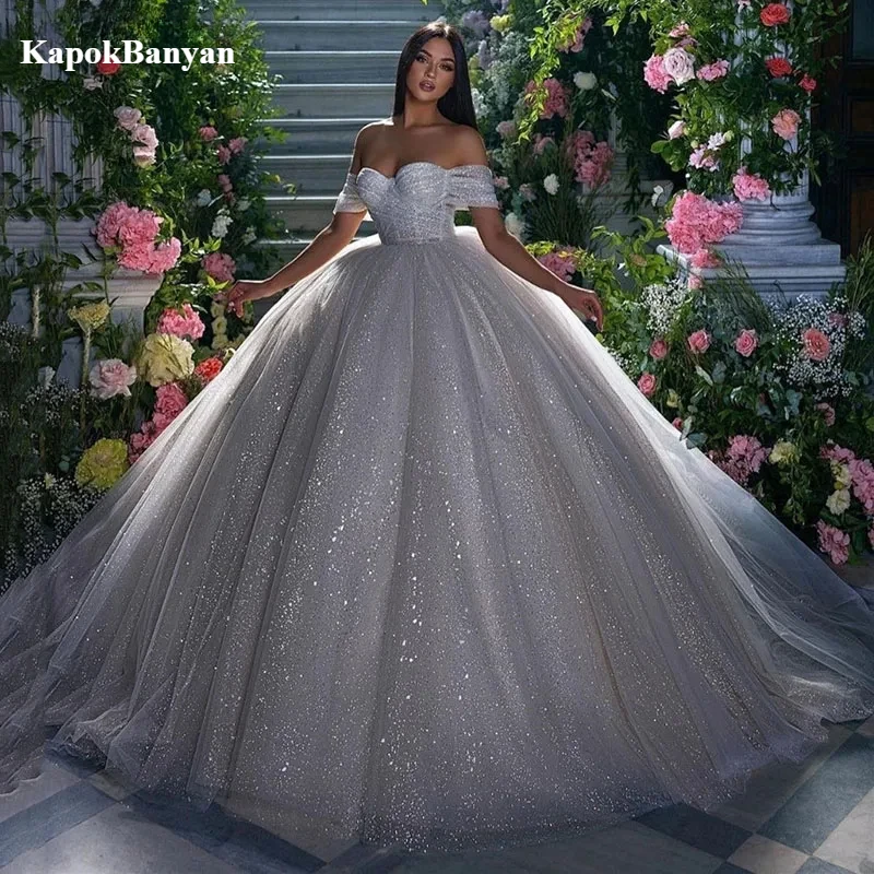 Glänzende Glitzer-Prinzessin-Hochzeitskleider, A-Linie, schulterfrei, Brautkleid, herzförmiger Dubai-Hochzeitskleid, Übergröße, individuell gestaltet