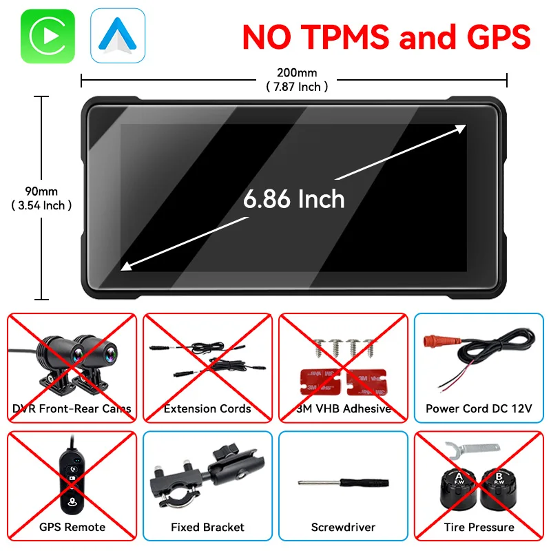 VENBES Motorfiets Carplay 6.86 Inch Draagbaar GPS Scherm IP67 Draadloos Carplay Android Auto Motorfiets Navigatie Waterdicht