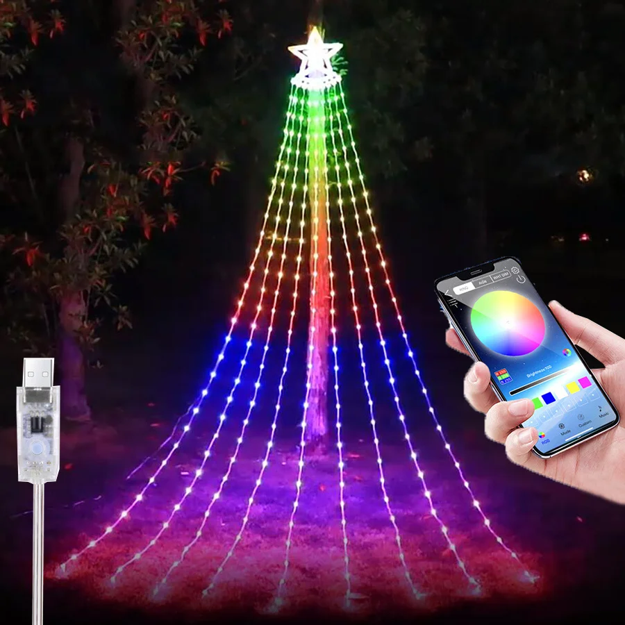 New RGB Christmas Garland Star Fairy Lights USB Smart App Control Waterfall String Lights per Garden Party Wedding Holiday Decor