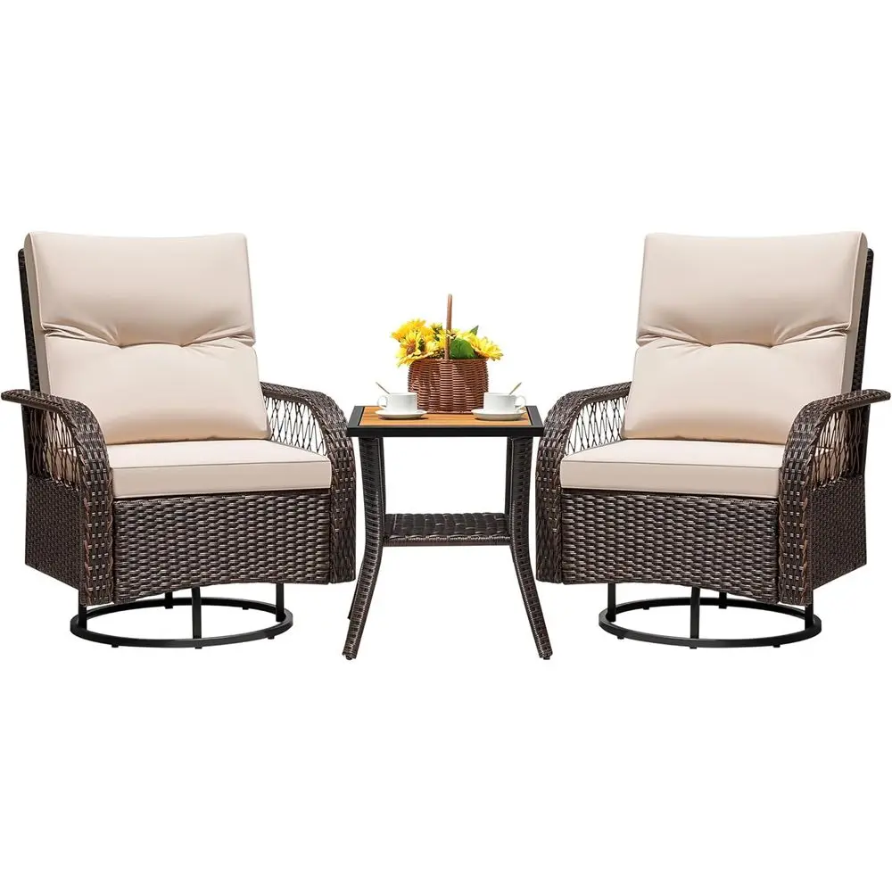 

Luxury Wicker 3-Piece Swivel Rocker Patio Furniture Set with Side Table and Cushions, Brown/Beige