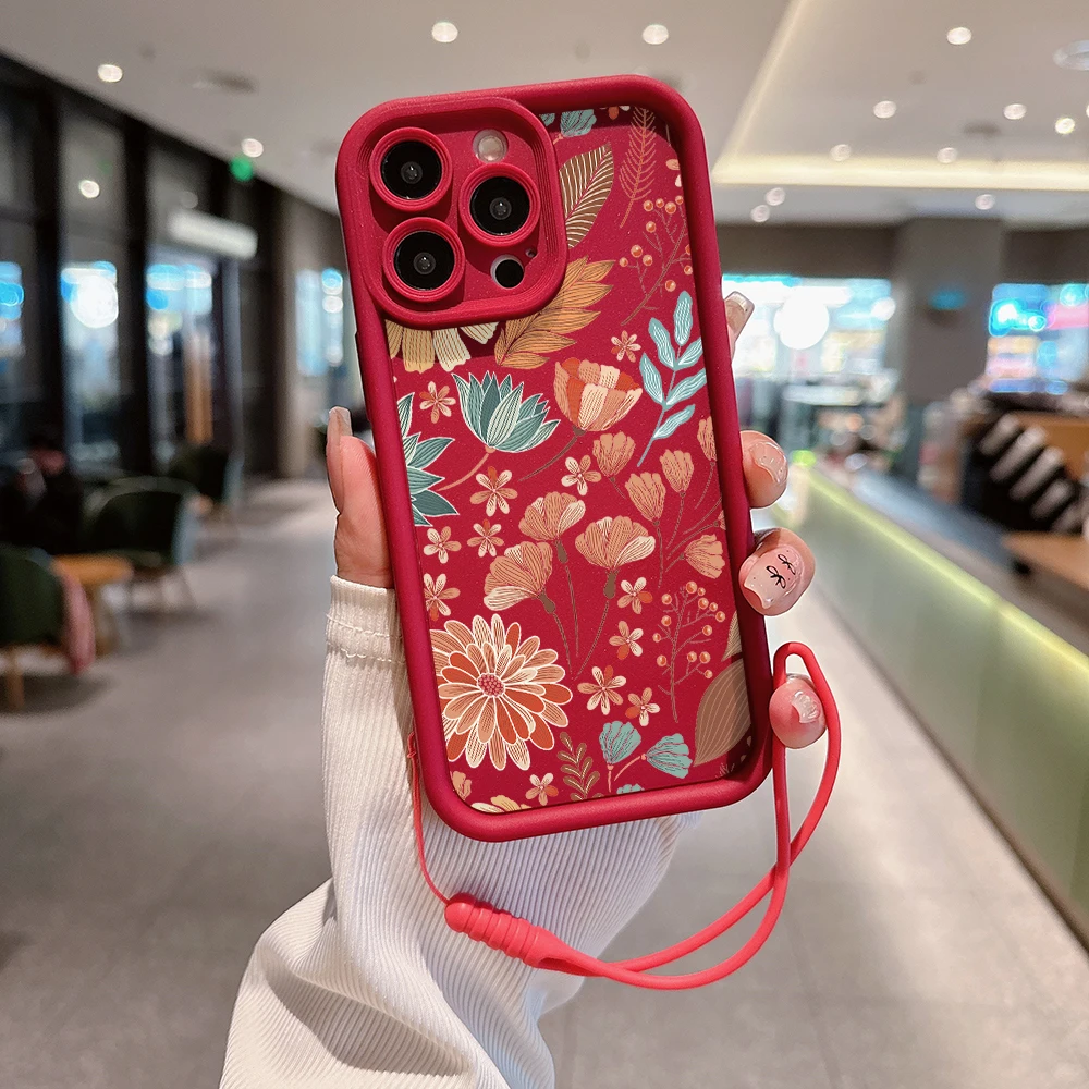 INS Bustling Pattern Flowers Phone Case for IPhone 15 14 13 12 11 Pro Max Mini XR X 7 8 Plus Soft TPU Back Cover With Hand Strap